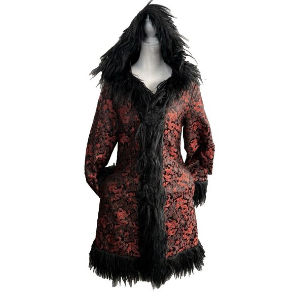Dolls Kill CURRENT MOOD Women Coat Sz S Red Black Faux Fur Brocade Edgy Festive - Picture 1 of 16